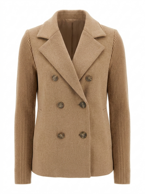 Women's double-breasted knit-sleeve wool blazer in camel, front view
