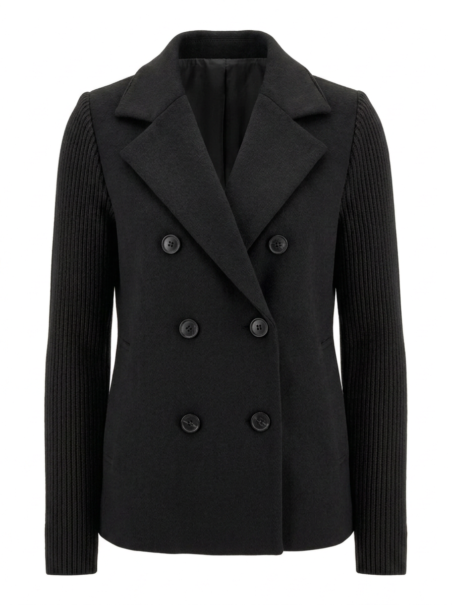 Women's double-breasted knit-sleeve blazer in black