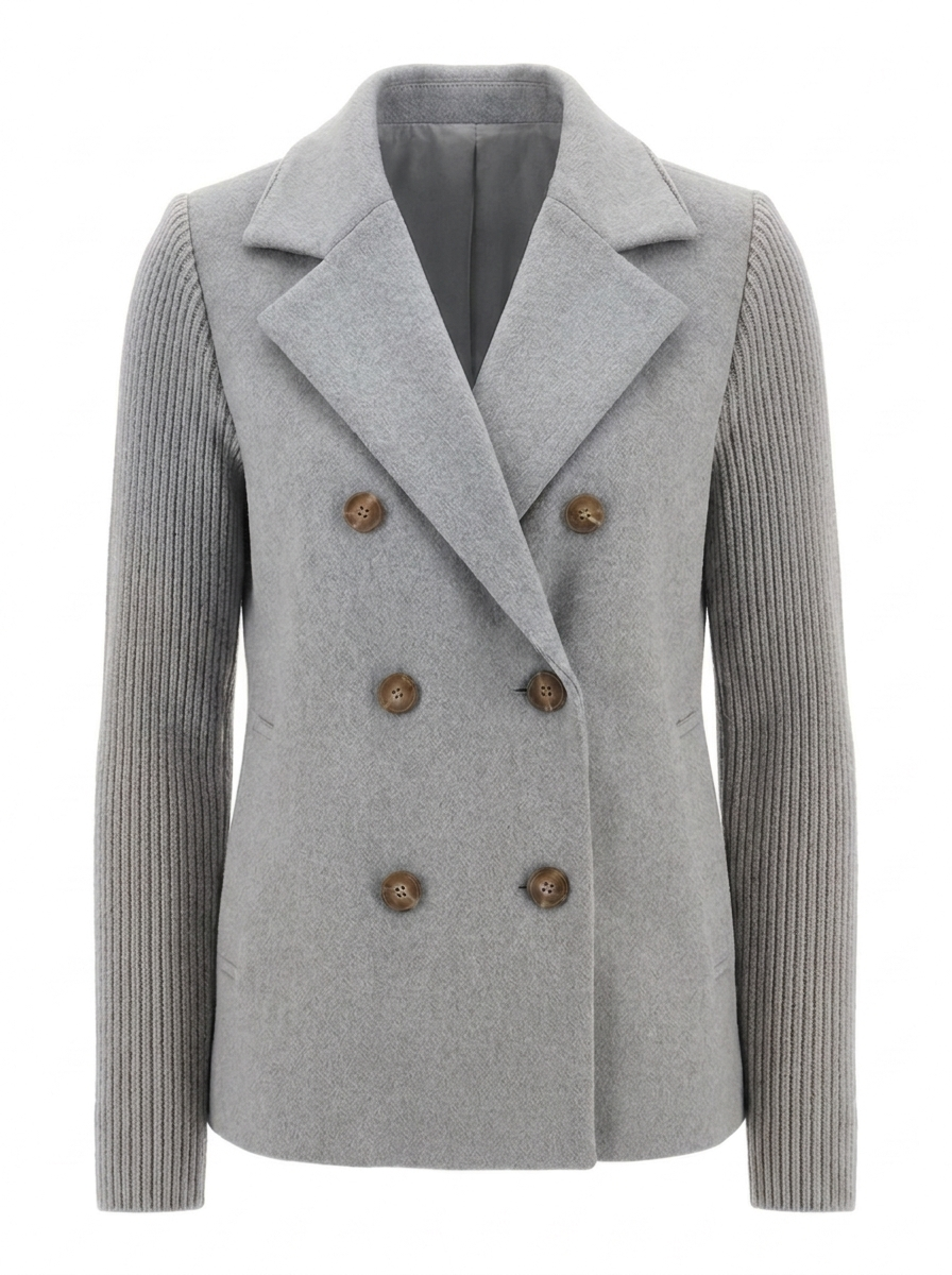 Women's double-breasted knit-sleeve blazer in gray