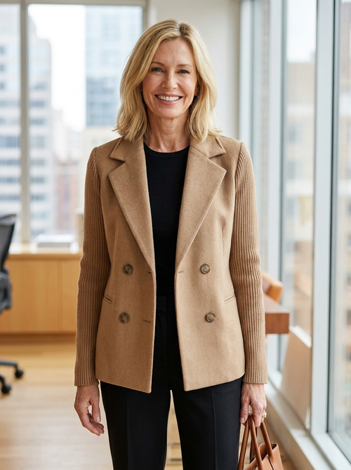 Woman wearing camel double-breasted knit-sleeve blazer in a modern office