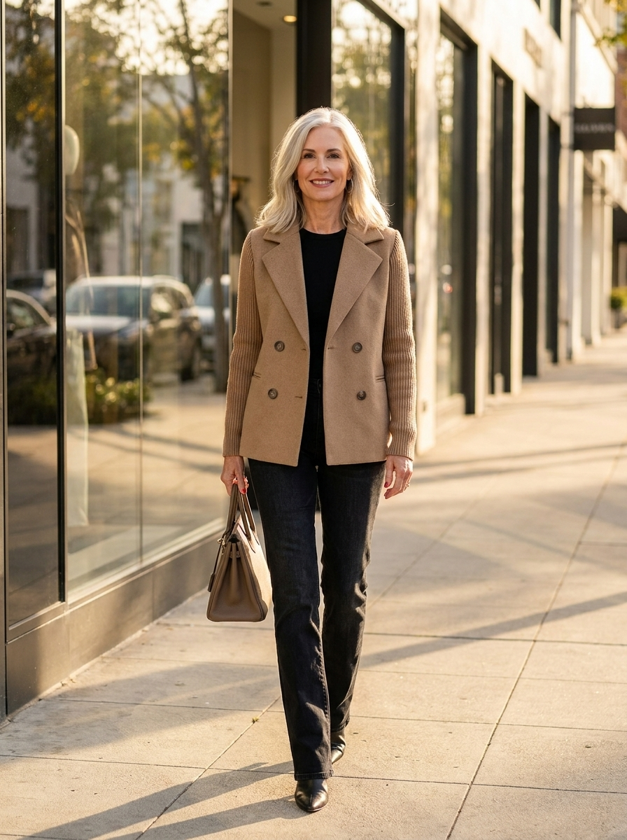 Woman in camel knit-sleeve blazer walking a city street
