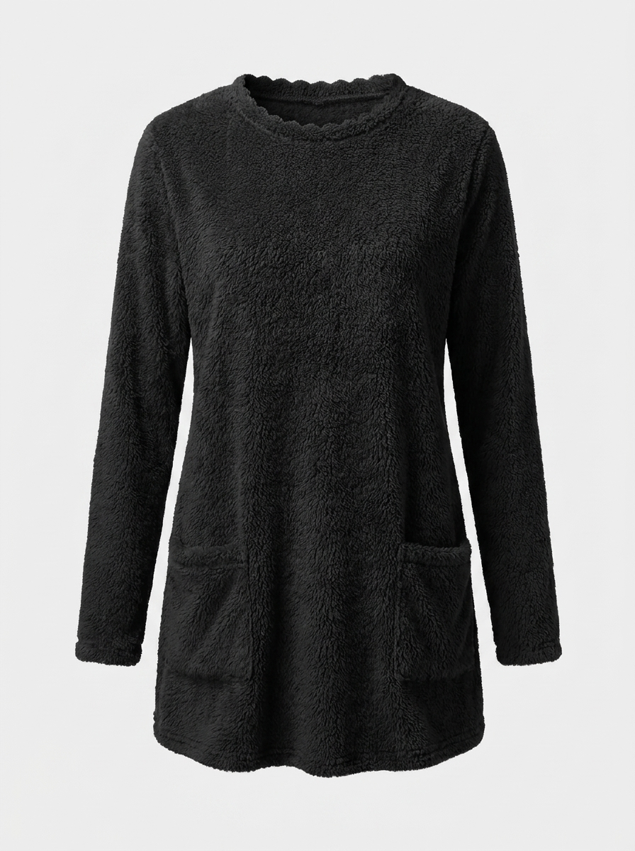 Black sherpa fleece tunic sweater, front view
