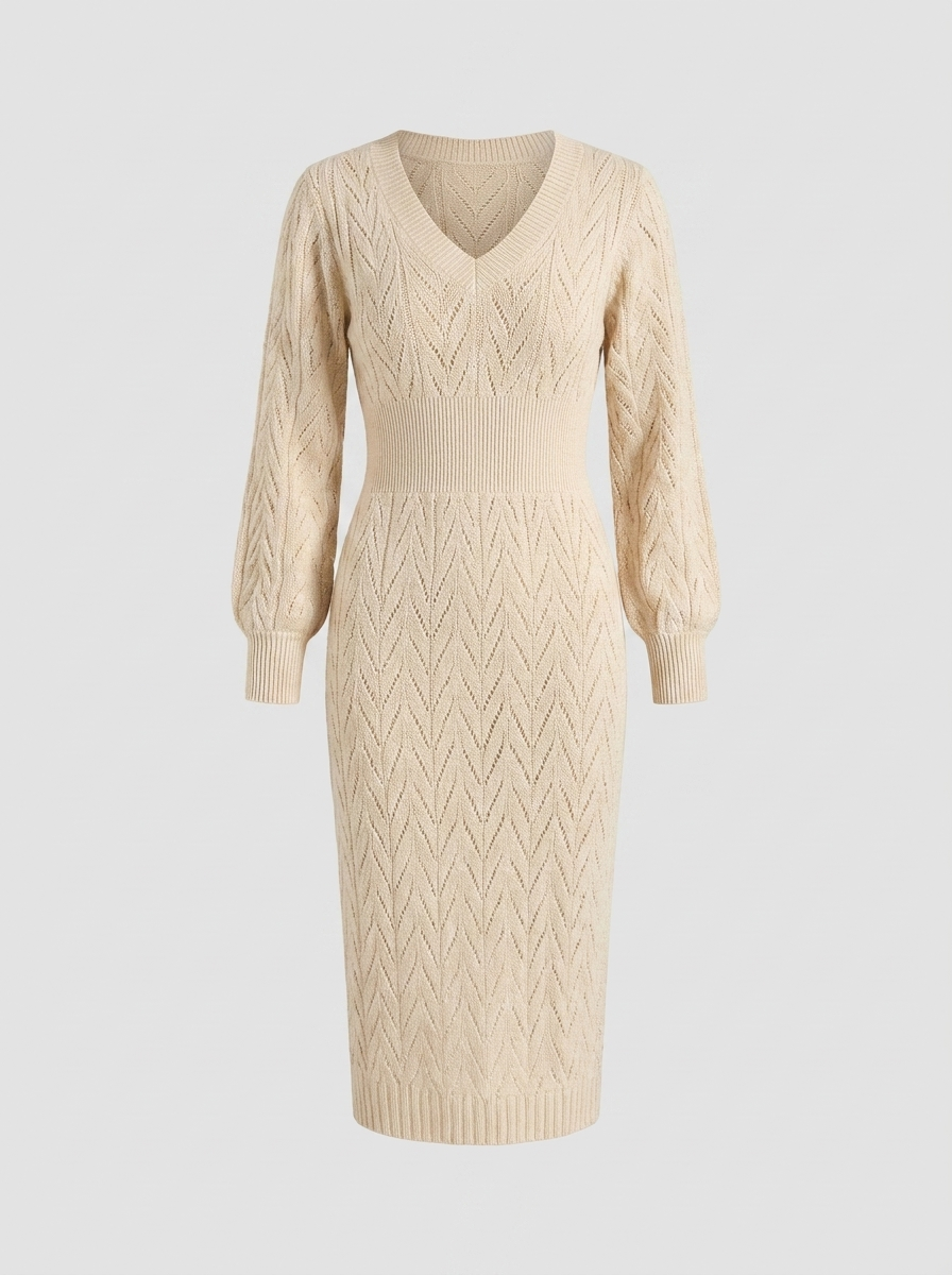 Roselise | Women's Knitted V-Neck Midi Sweater Dress