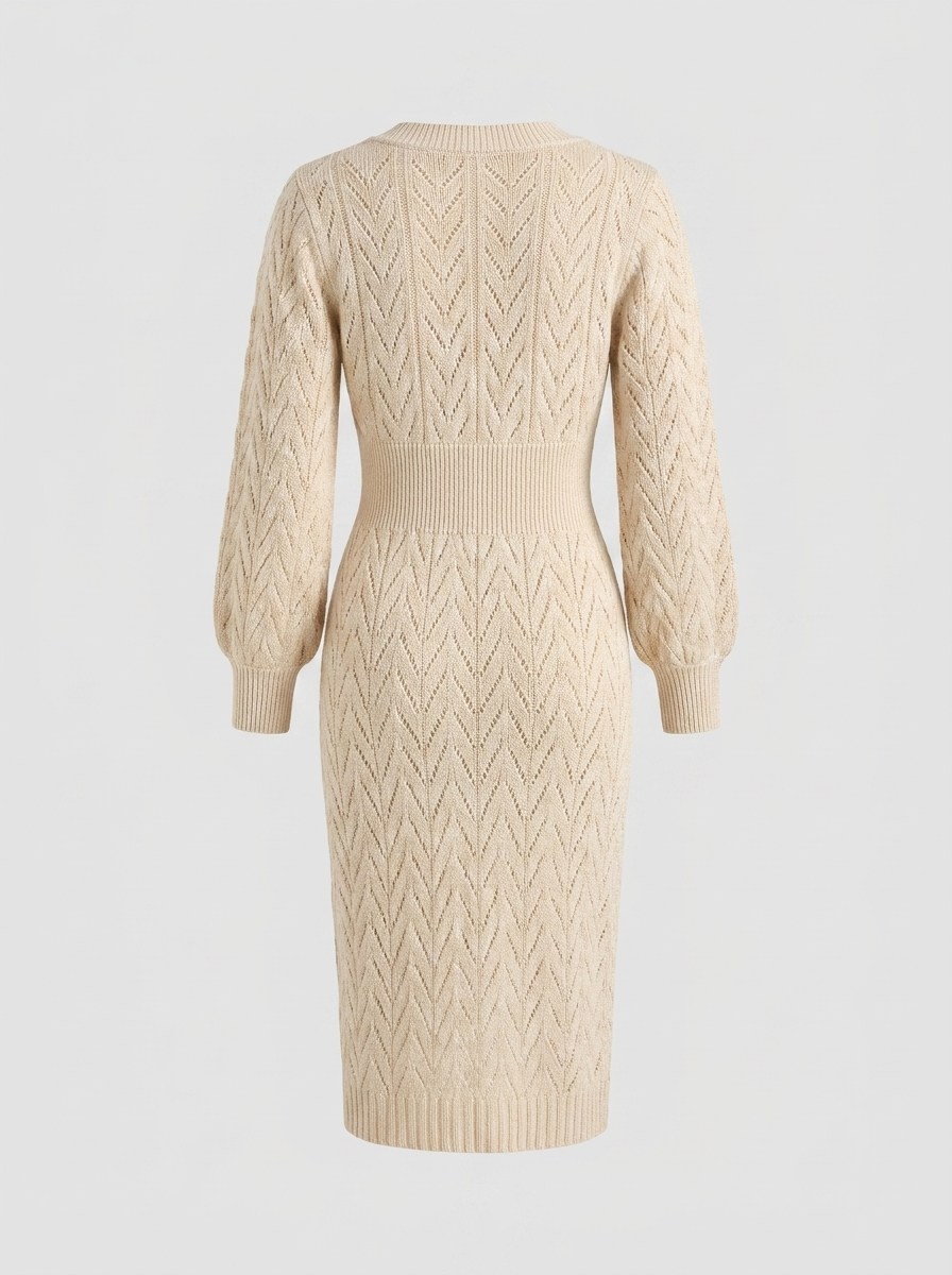 Champagne knitted V-neck midi sweater dress, back