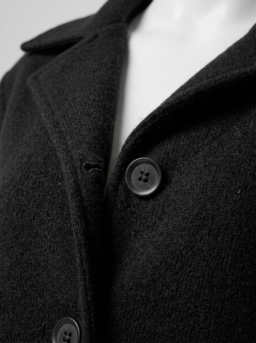 Blazer coat lapel and button detail close-up