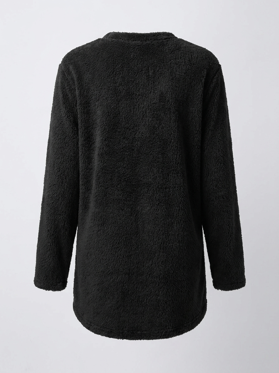 Black sherpa fleece tunic sweater, back view