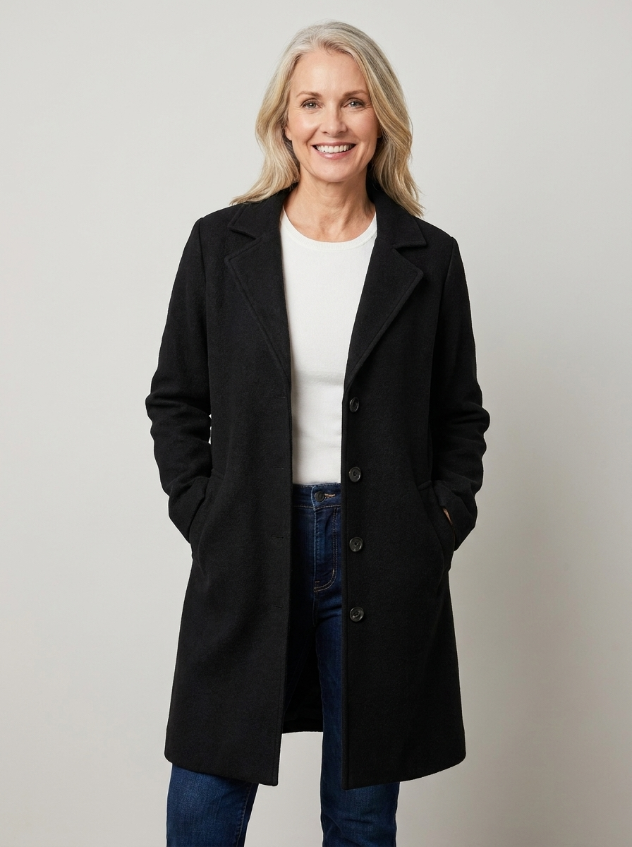 Woman wearing the black blazer coat, front studio pose