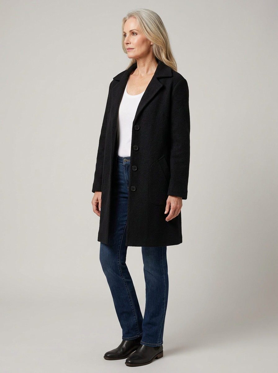 Woman wearing the black blazer coat, three-quarter studio pose