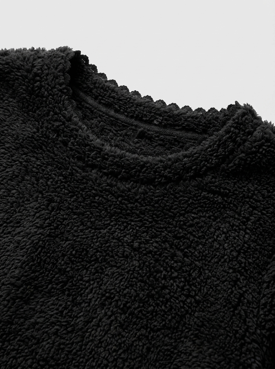 Scalloped neckline and plush fleece texture detail