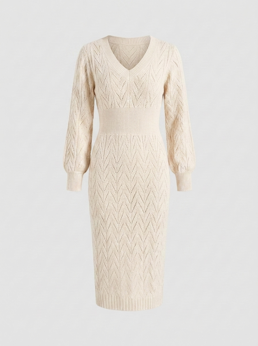 White knitted V-neck midi sweater dress, front