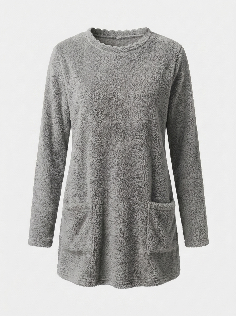 Light grey sherpa fleece tunic sweater, front view