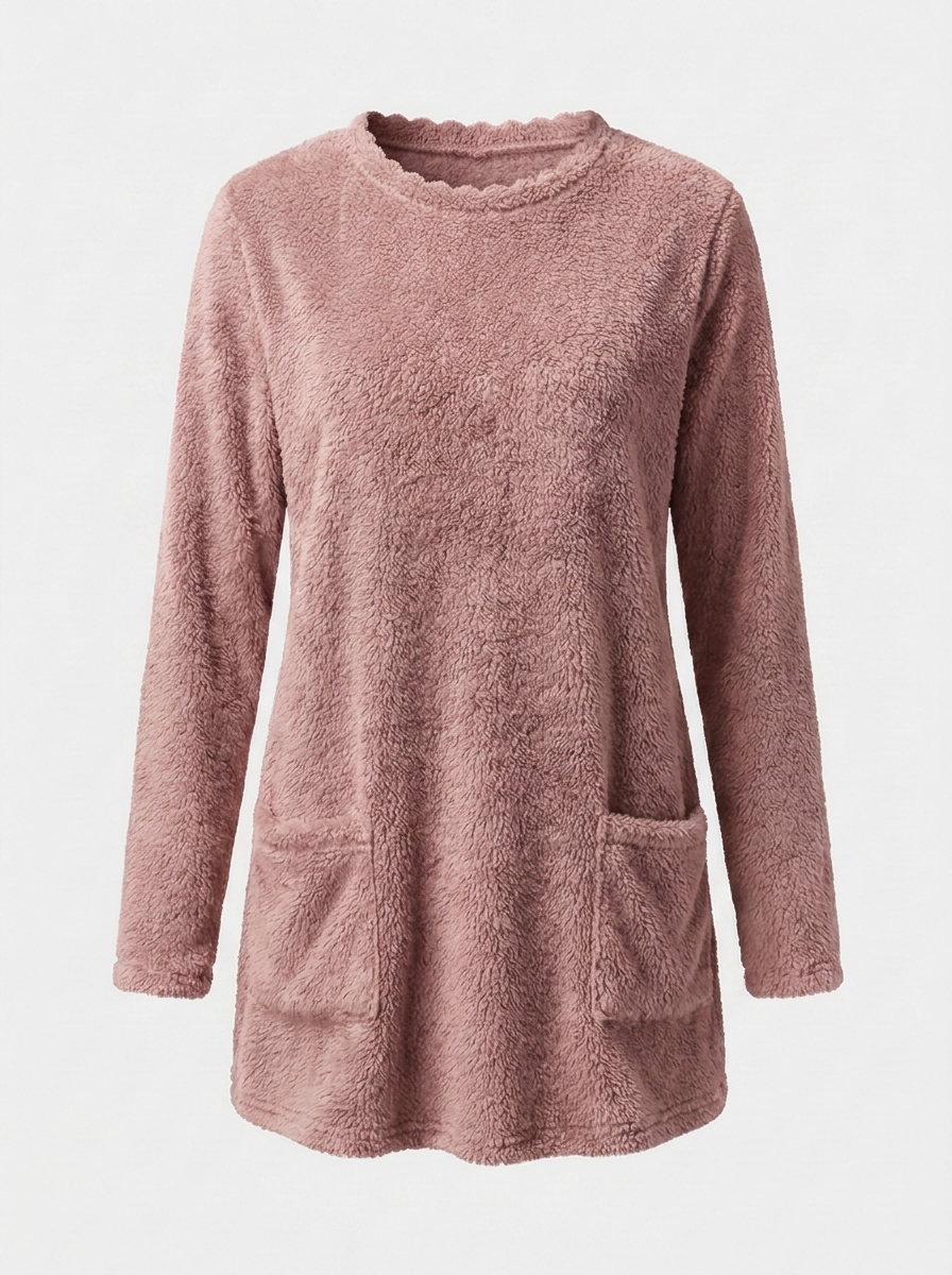 Pink sherpa fleece tunic sweater, front view