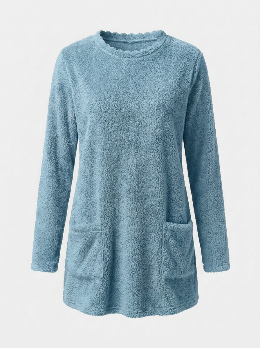 Blue sherpa fleece tunic sweater, front view