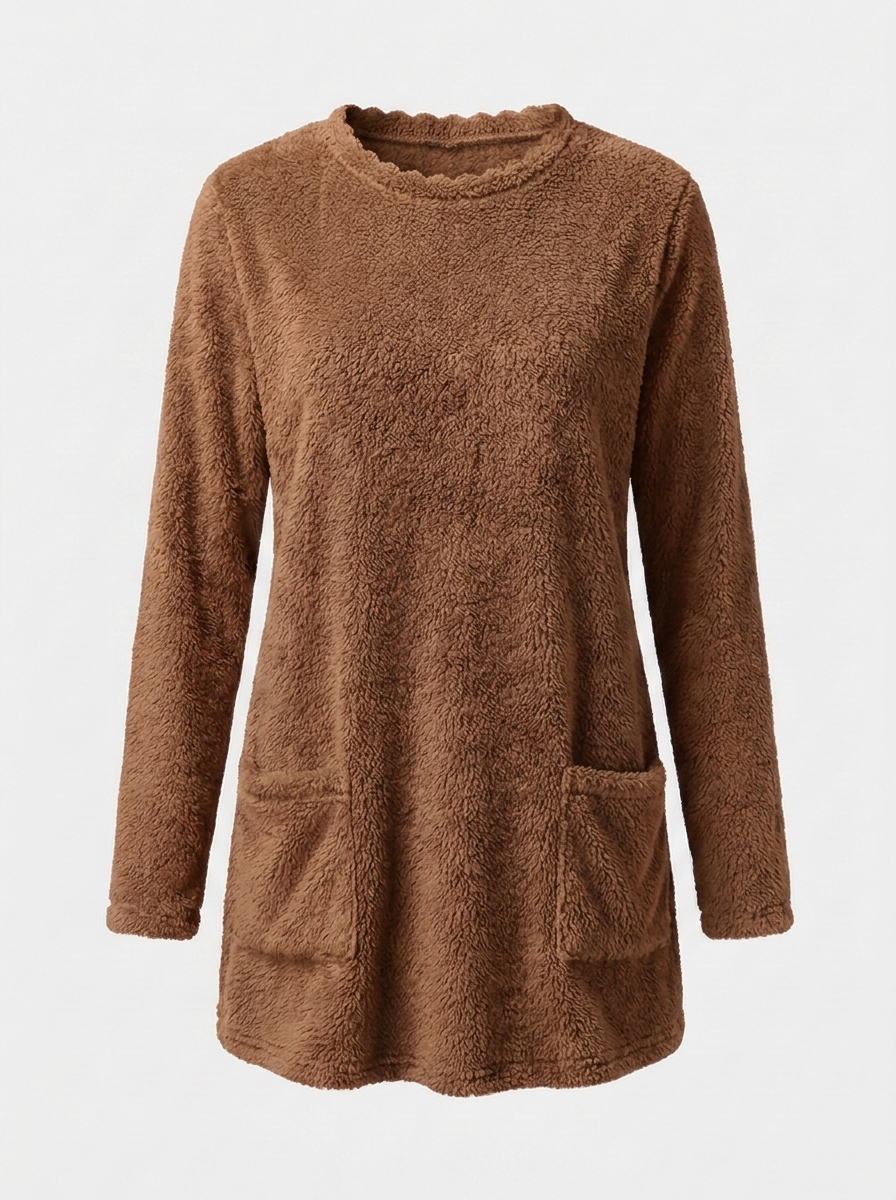Brown sherpa fleece tunic sweater, front view