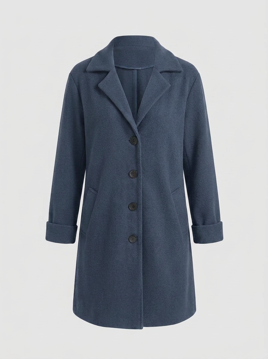 Women's longline blazer coat in blue, front view