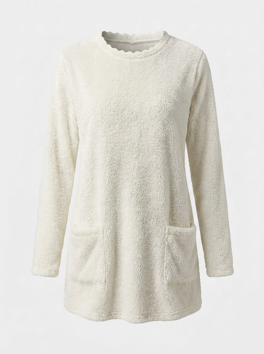 White sherpa fleece tunic sweater, front view