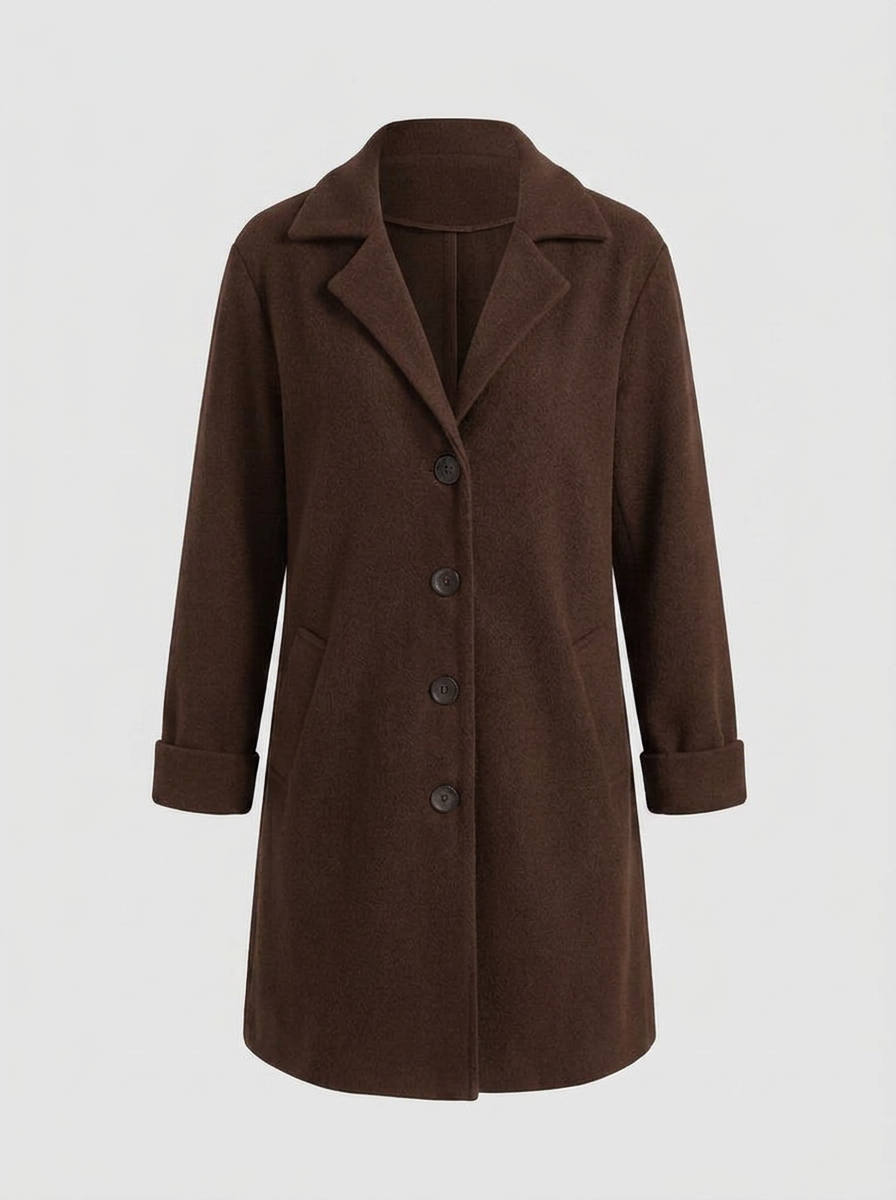 Women's longline blazer coat in brown, front view