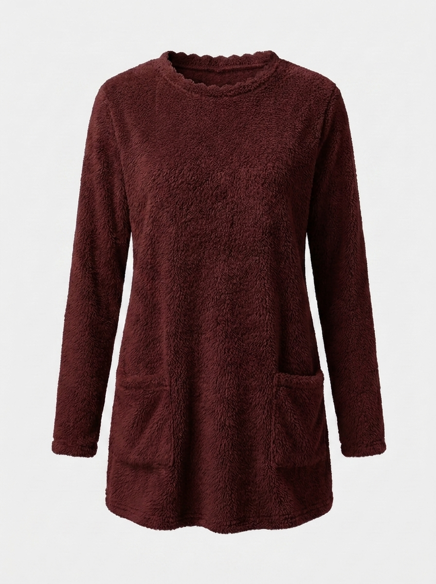 Wine red sherpa fleece tunic sweater, front view
