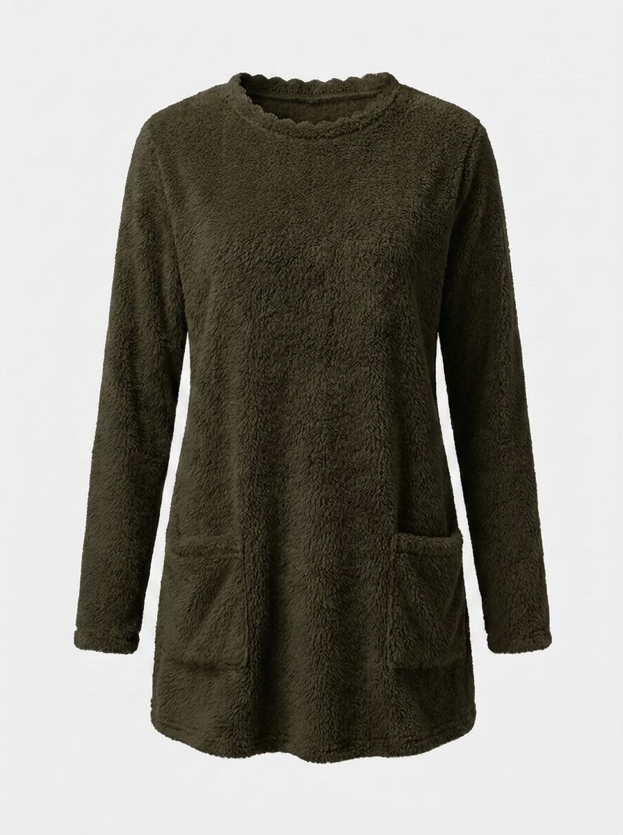 Army green sherpa fleece tunic sweater, front view