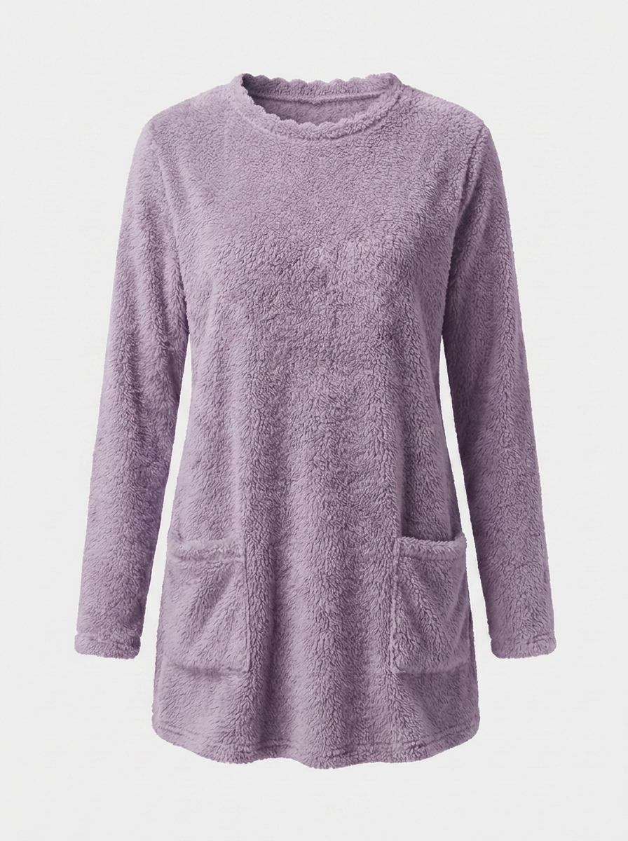Light purple sherpa fleece tunic sweater, front view