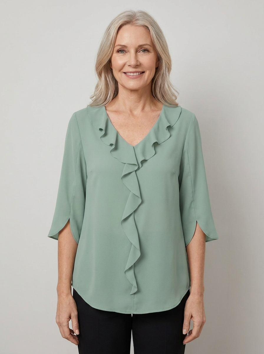 Marceline ruffle V-neck chiffon blouse in green on model, front