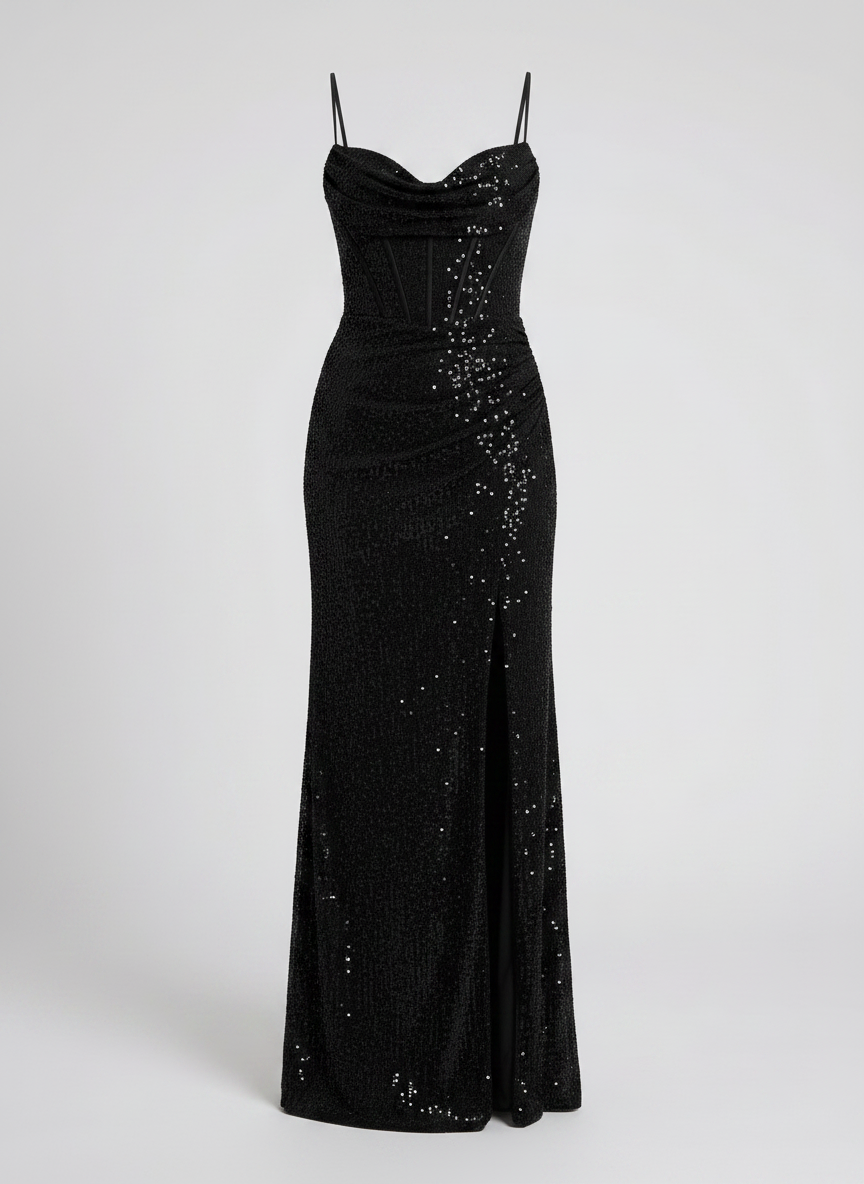 Aria black sequined sweetheart thigh-slit maxi dress front