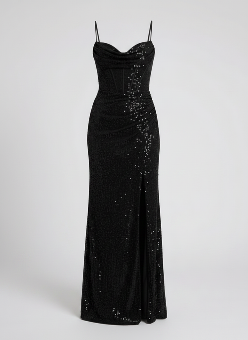 Aria black sequined sweetheart thigh-slit maxi dress front