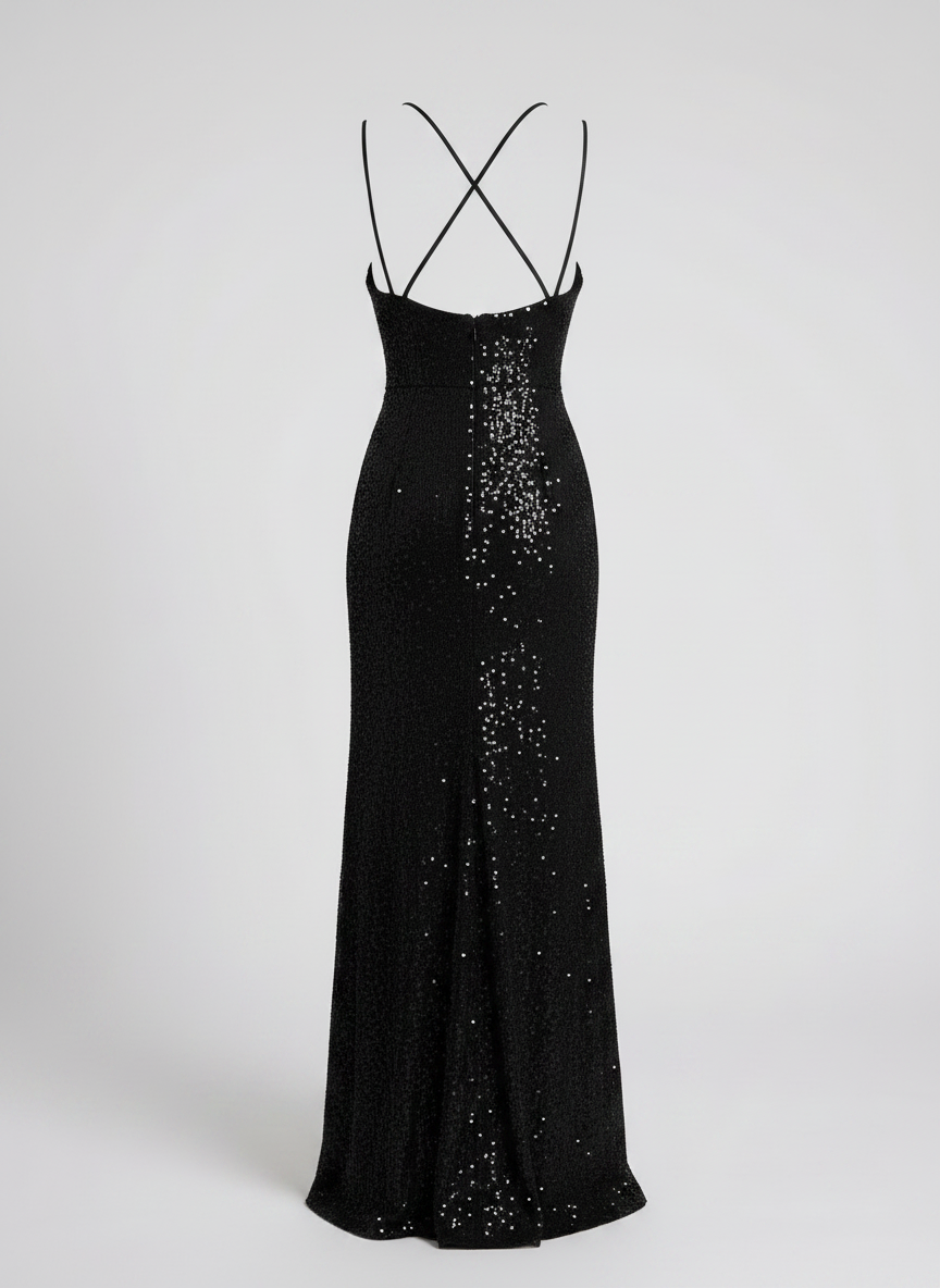 Aria black sequined maxi dress back with open crossed straps
