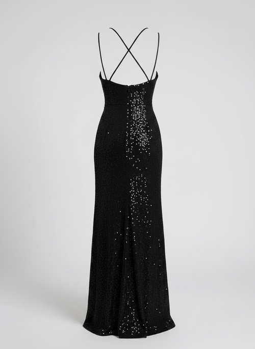 Aria black sequined maxi dress back with open crossed straps