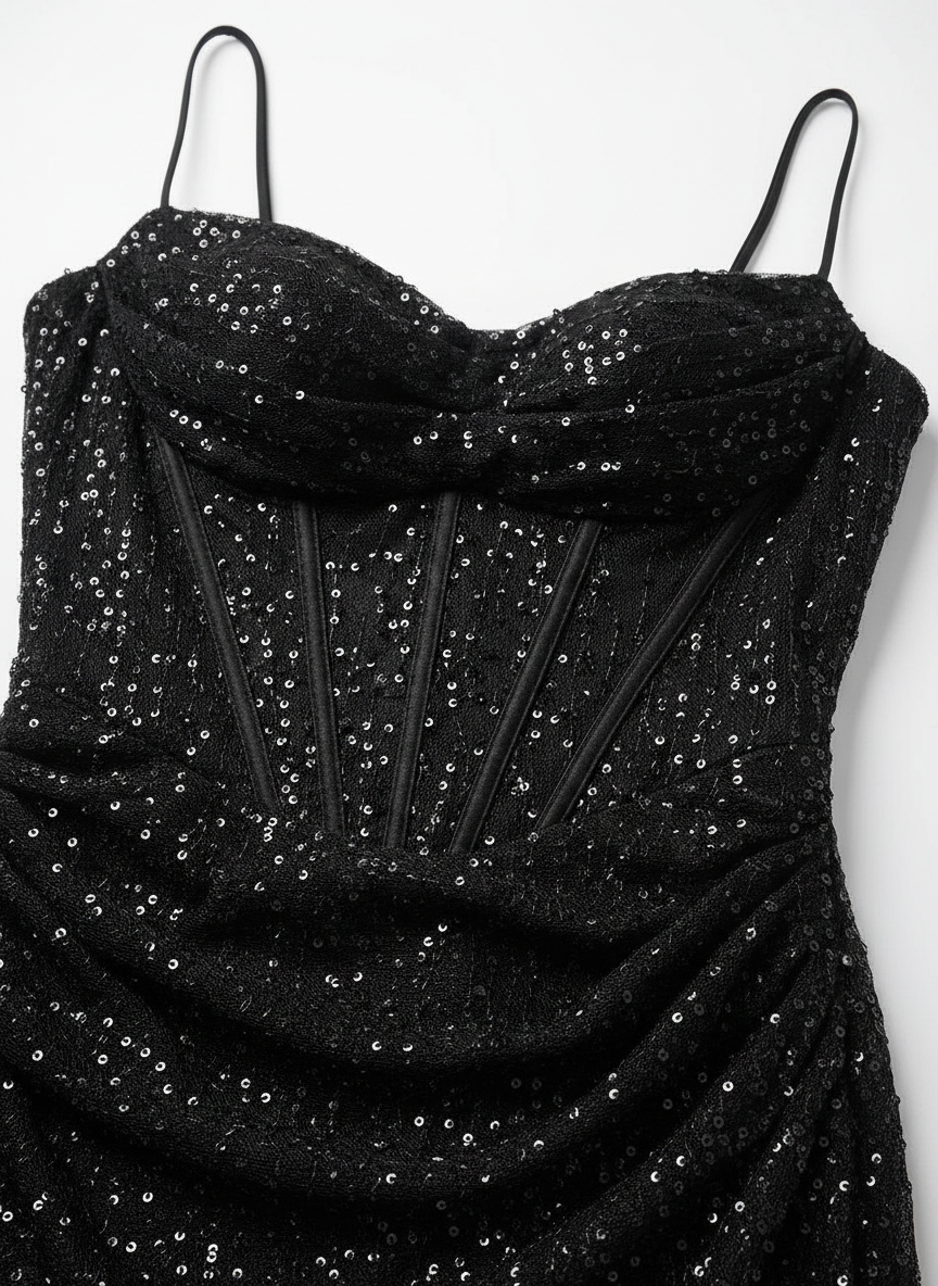 Aria black sequin fabric and corset boning detail