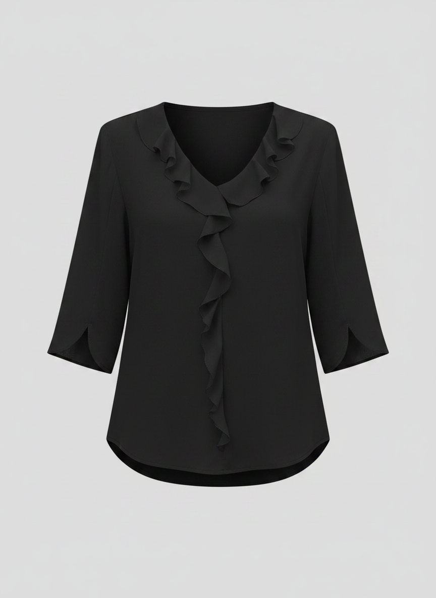 Marceline ruffle V-neck chiffon blouse in black, front