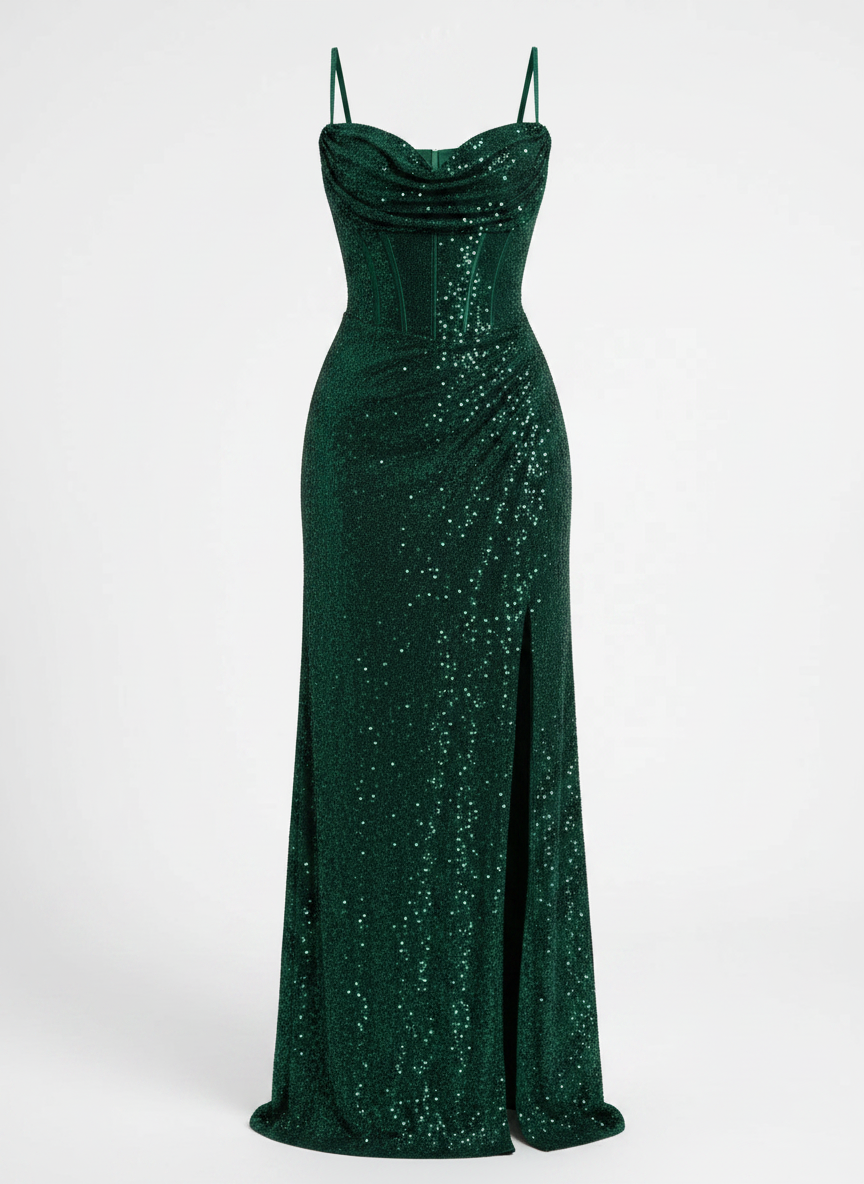 Aria dark green emerald sequined maxi dress front