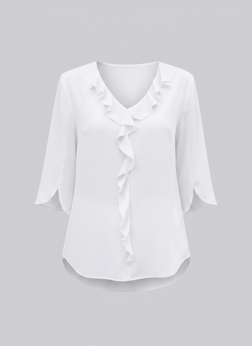Marceline ruffle V-neck chiffon blouse in white, front