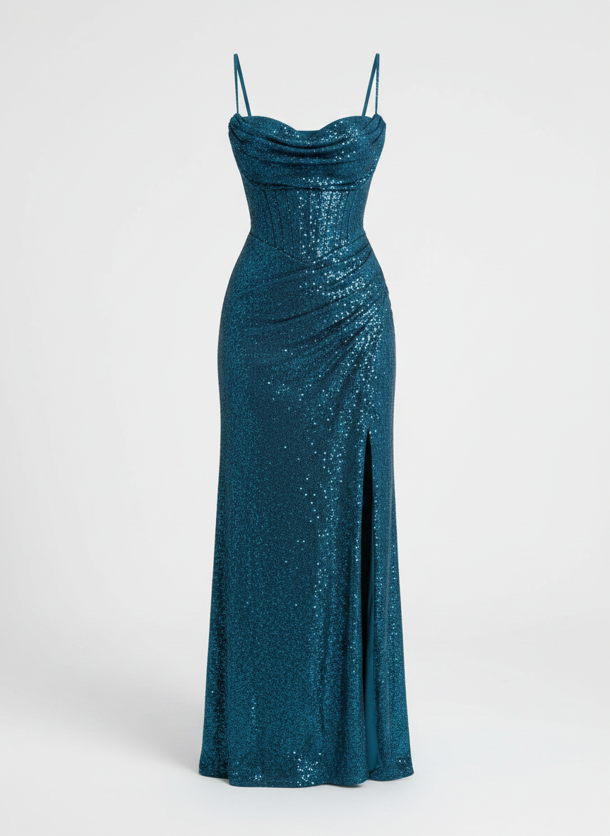 Aria steel blue sequined maxi dress front