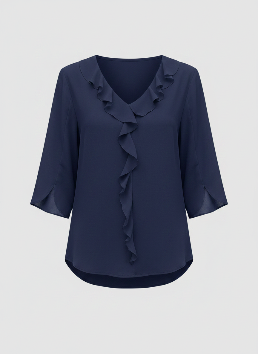Marceline ruffle V-neck chiffon blouse in navy blue, front