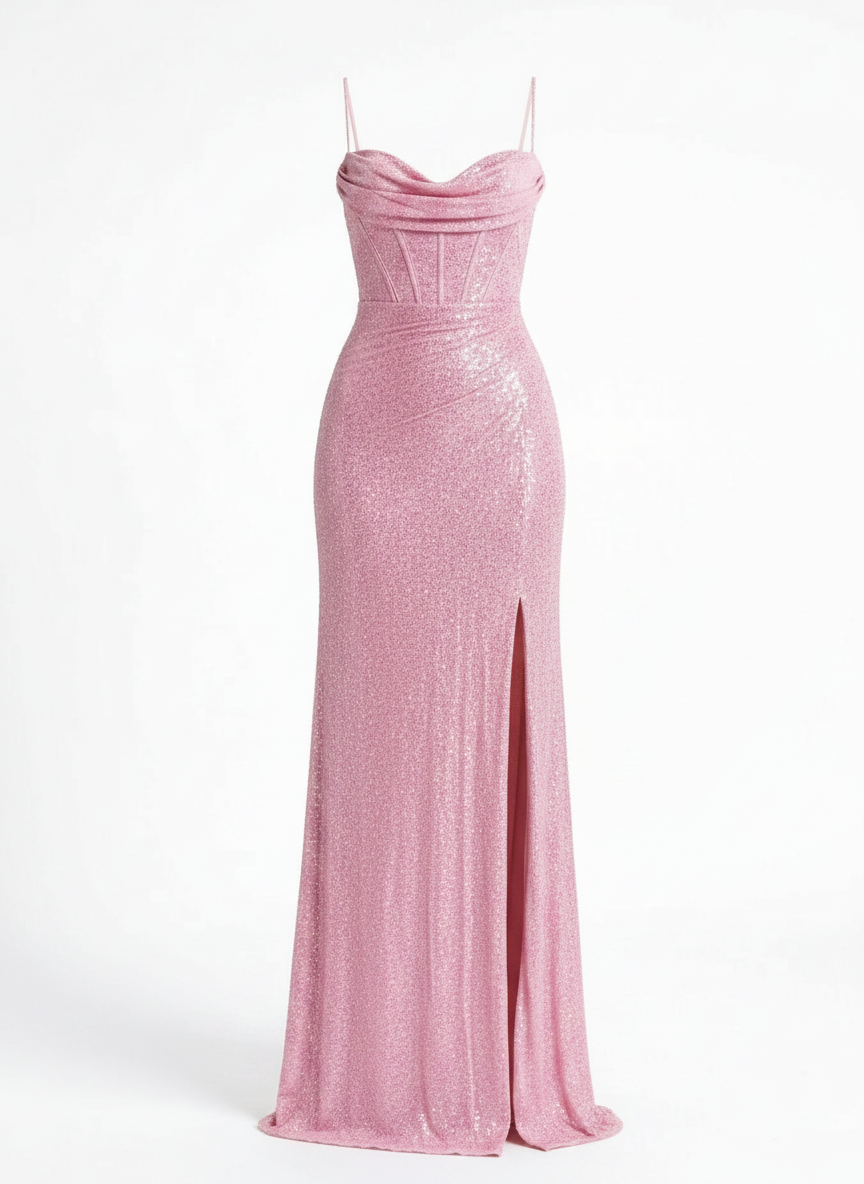 Aria pink sequined maxi dress front