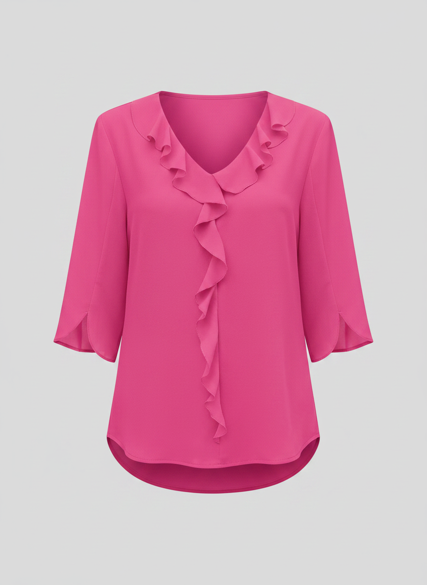 Marceline ruffle V-neck chiffon blouse in pink, front