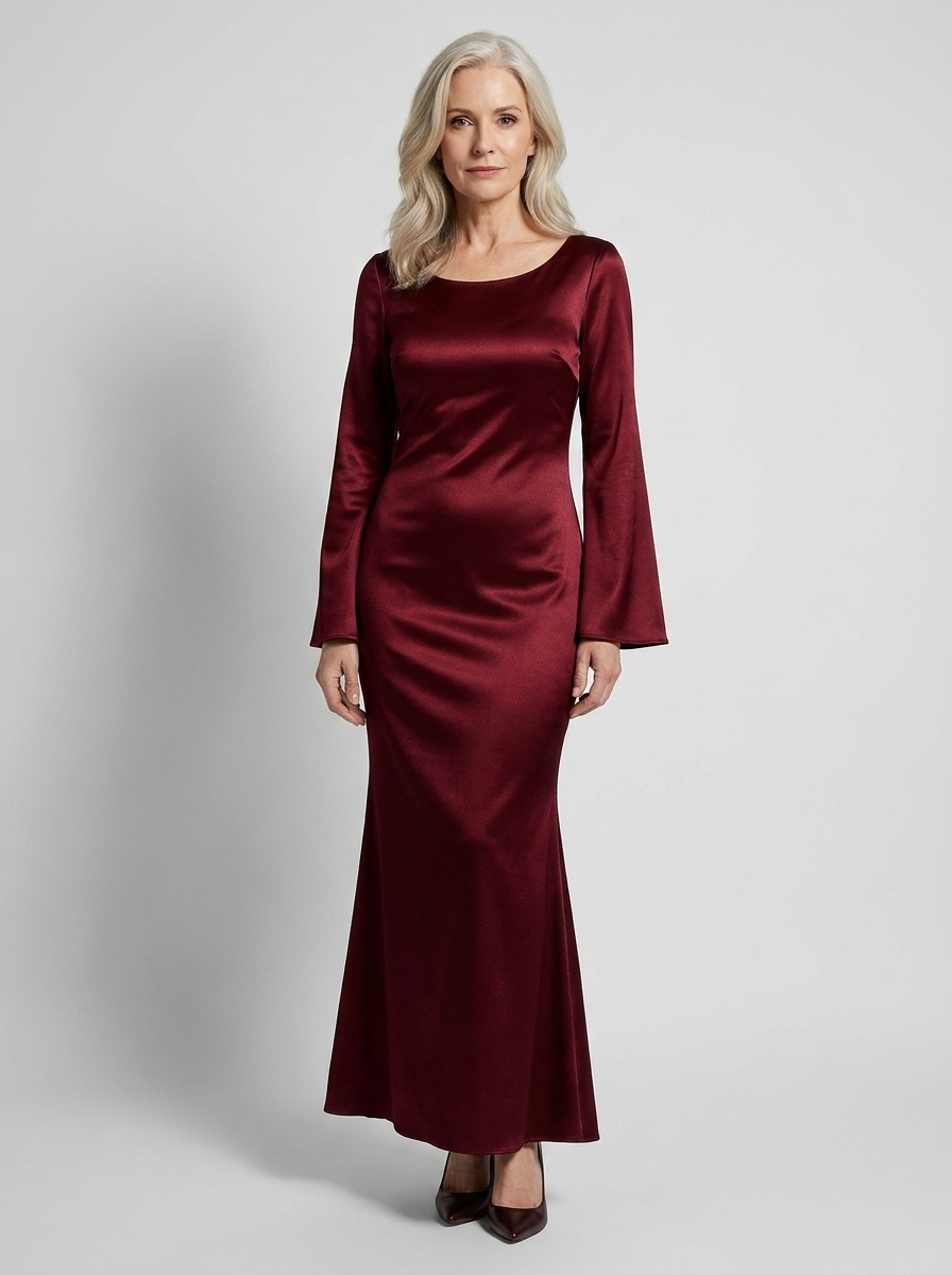 Woman wearing Phoebe dark red satin fishtail maxi dress, front