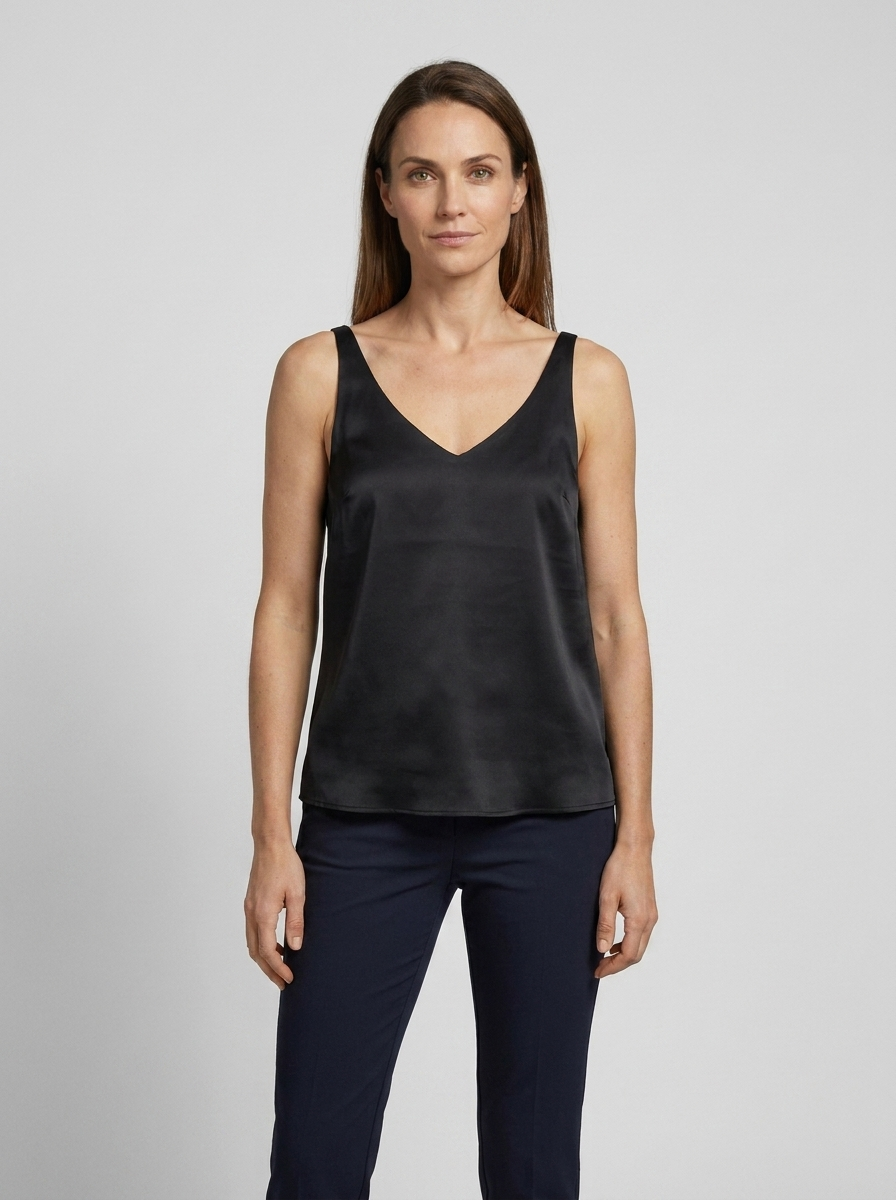 Freya satin V-neck camisole in black on model, front