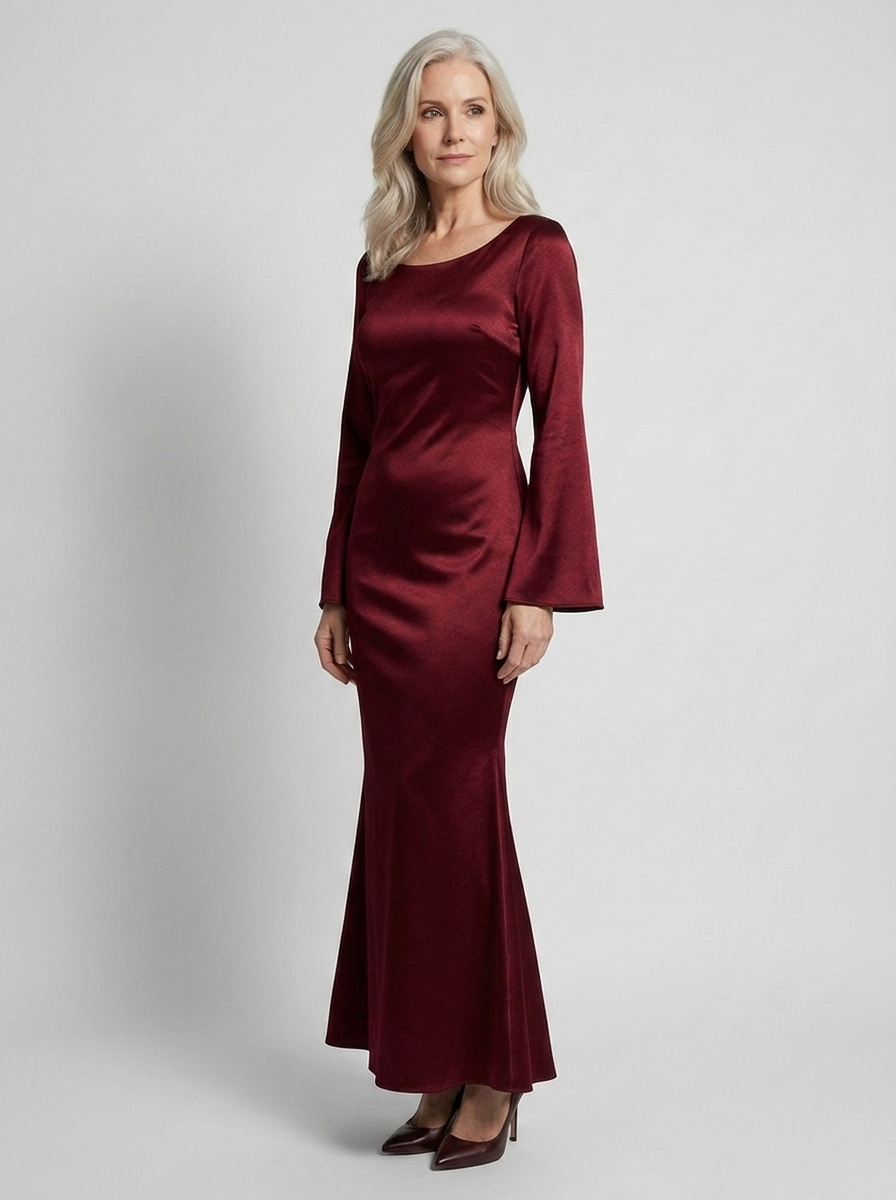 Woman wearing Phoebe dark red satin fishtail maxi dress, three-quarter view