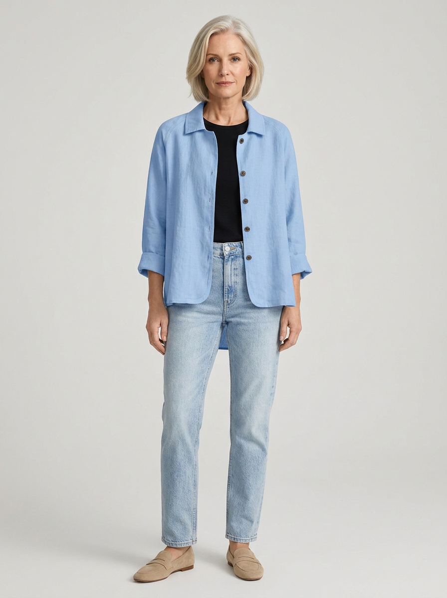 Woman wearing Ottilie shirt jacket in Light Blue, front