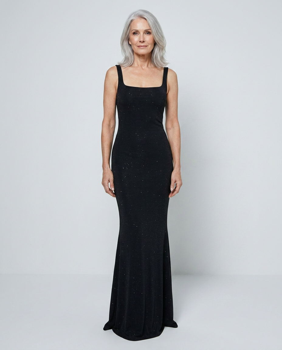 Woman wearing Naomi black bodycon maxi dress front