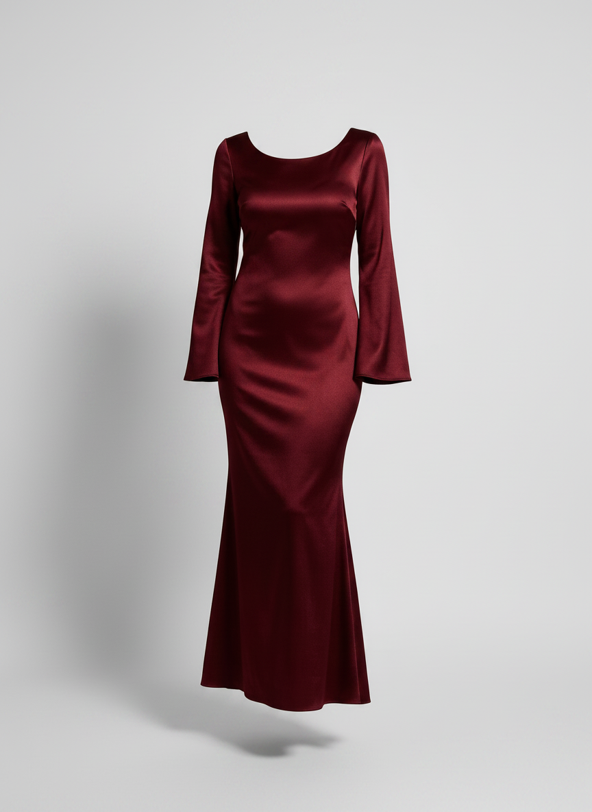 Phoebe satin long-sleeve scoop-neck fishtail maxi dress in dark red, front