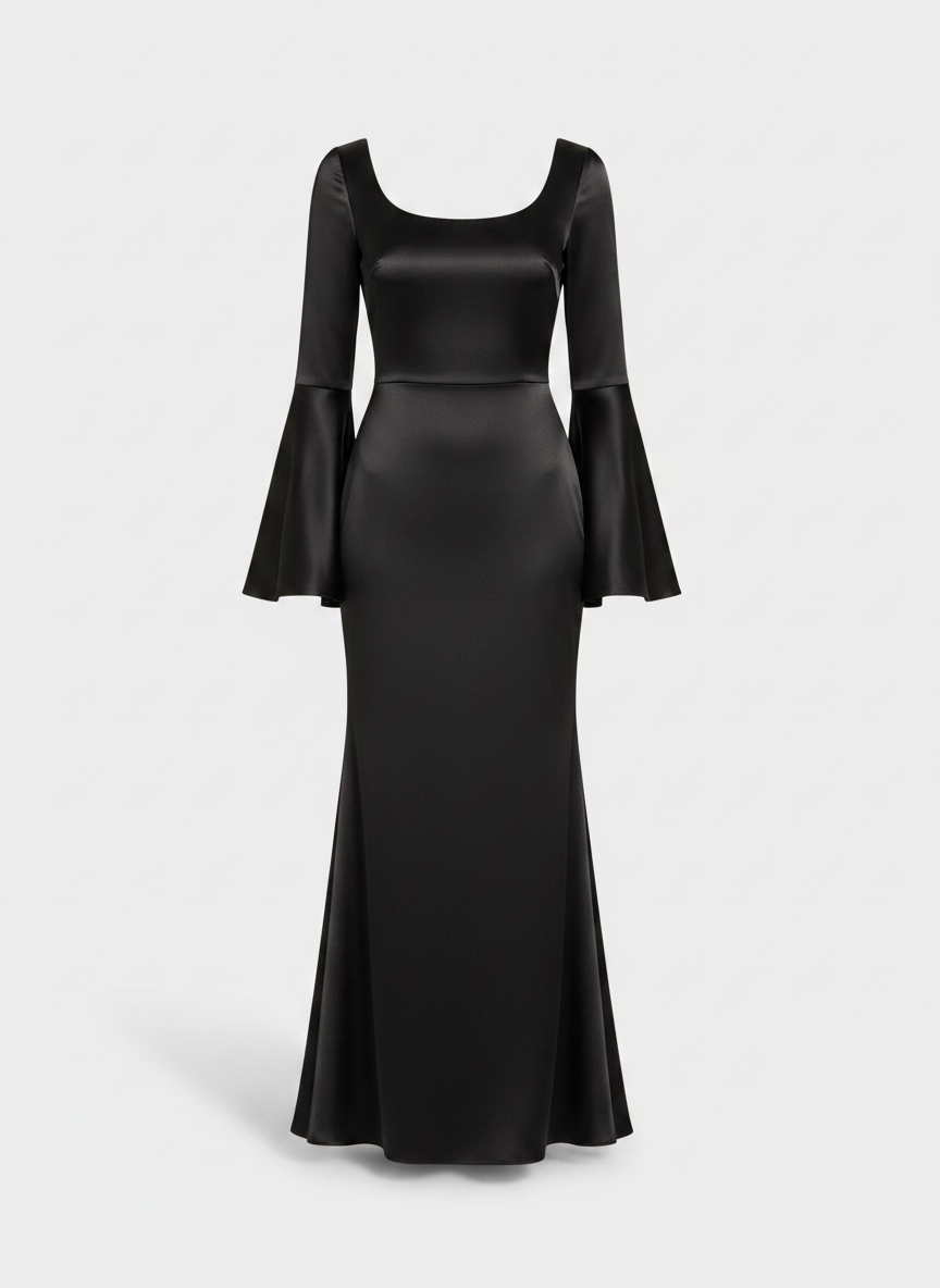 Phoebe satin fishtail maxi dress in black