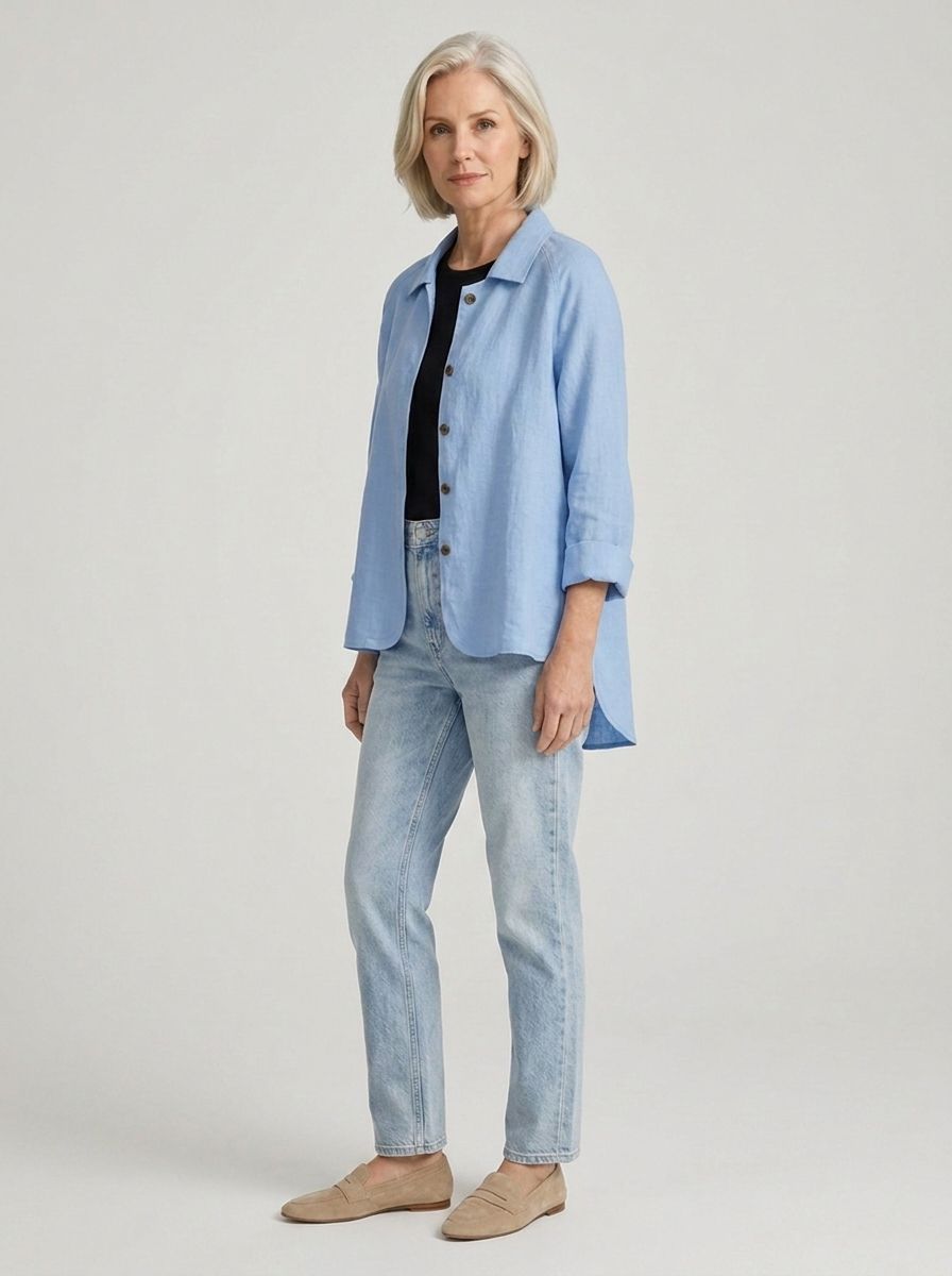 Woman wearing Ottilie shirt jacket in Light Blue, three-quarter