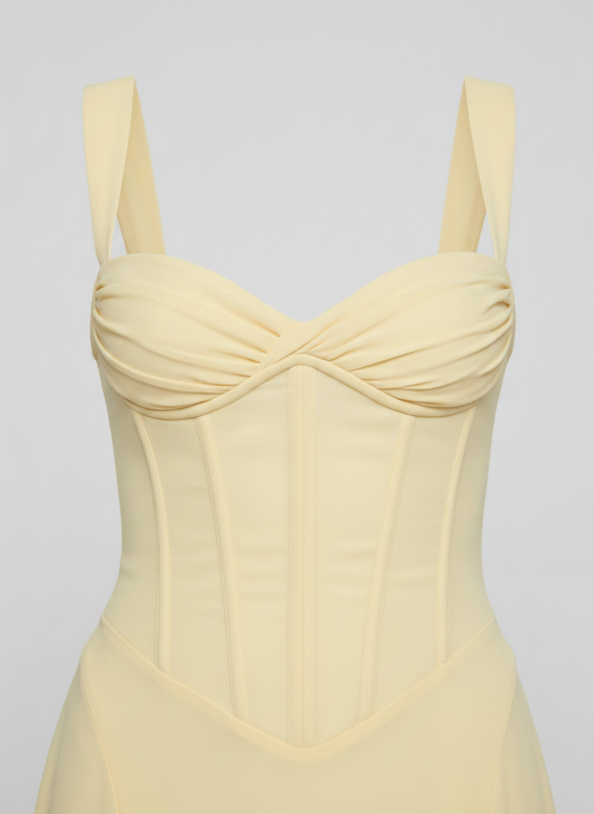 Loretta yellow dress sweetheart corset bodice detail