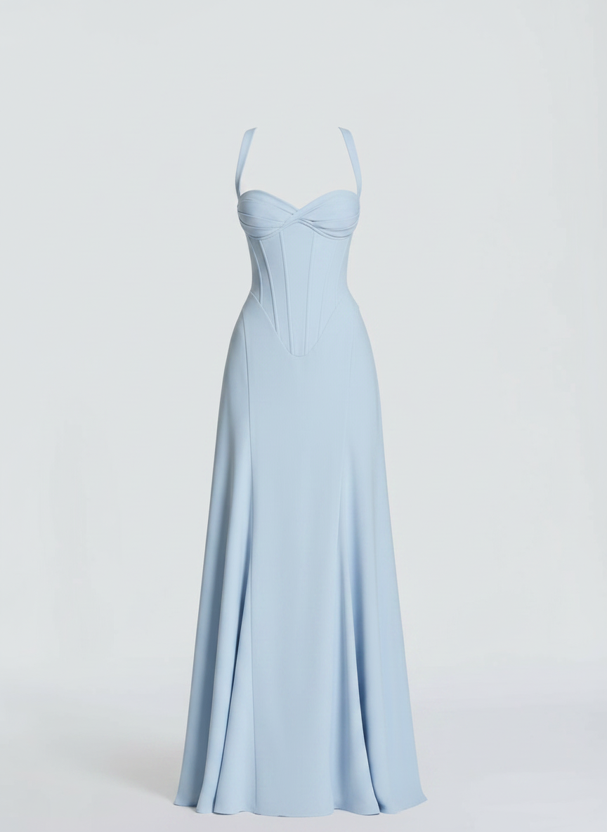 Loretta blue sweetheart neck maxi wedding guest dress front