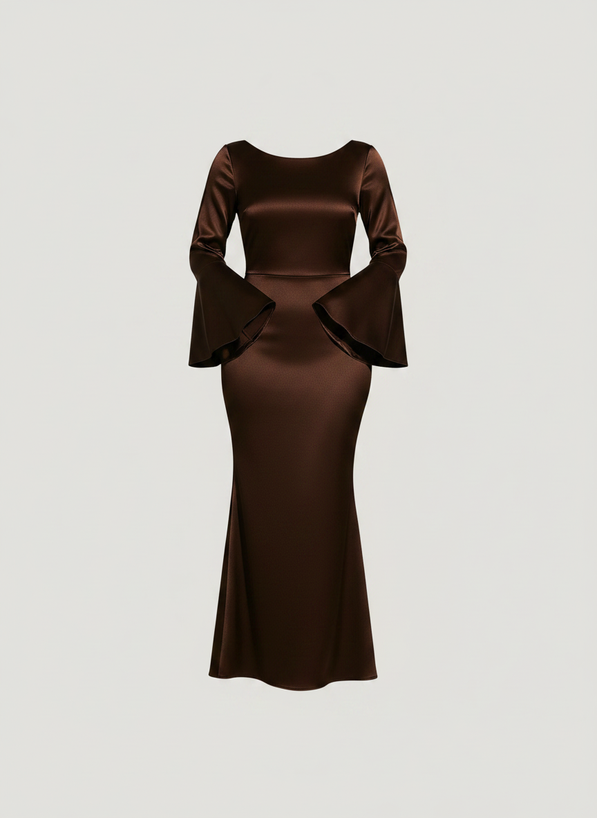 Phoebe satin fishtail maxi dress in dark brown