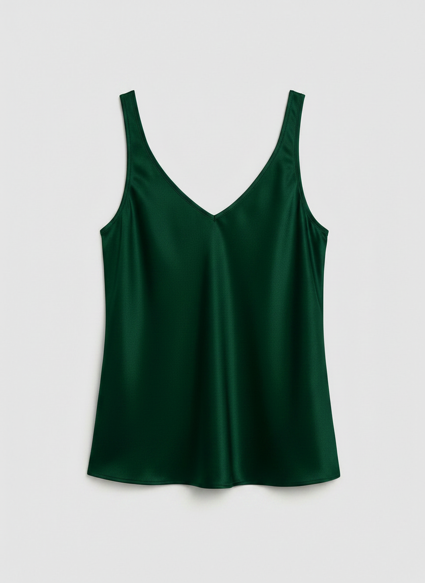 Freya satin V-neck camisole in green, front view