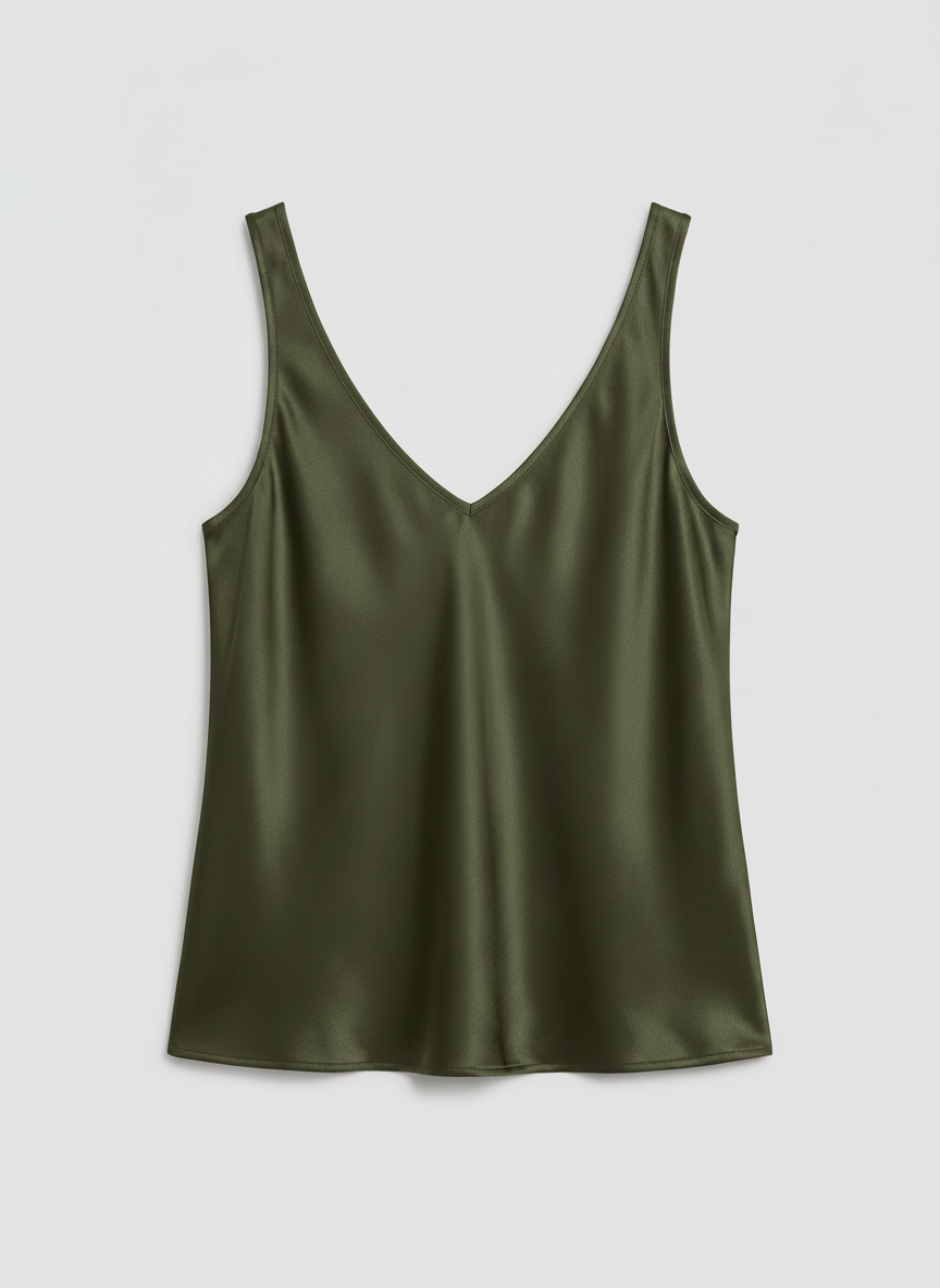 Freya satin V-neck camisole in army green, front view